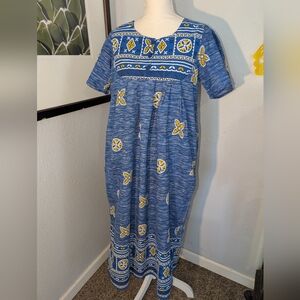 Loungees moomoo Dress Lounger large Blue and Yellow Patterned Dress